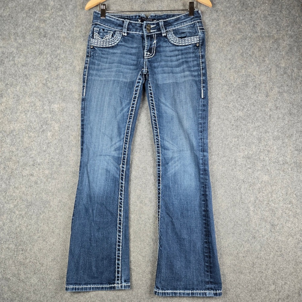 Vigoss Bootcut Jeans Womens 30 Blue Thick Stitch Embroidered Pocket Low Rise Y2k